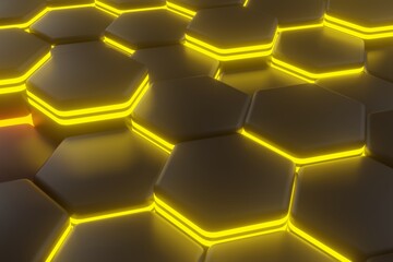 Poster - luminous hexagons, black and orange or yellow abstract background made of geometric shapes, color structure made of honeycombs, 3d rendering