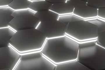 Poster - luminous hexagons, abstract background made of geometric shapes, black and white structure made of honeycombs, 3d rendering