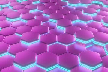 Poster - luminous hexagons, purple and blue abstract background made of geometric shapes, color structure made of honeycombs, 3d rendering