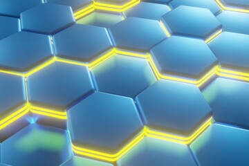 Poster - blue and yellow lighting hexagons, abstract background made of geometric shapes, color structure made of honeycombs, 3d rendering