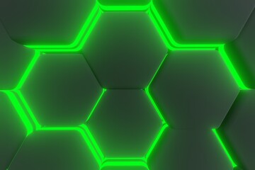 Poster - dark green luminous hexagons, abstract background made of geometric shapes, color structure made of honeycombs, 3d rendering