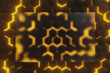 Poster - luminous hexagons, abstract background made of yellow geometric shapes, color structure made of honeycombs, 3d rendering with bokeh copy space for text