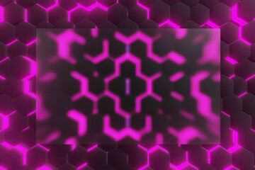 Poster - luminous hexagons, abstract background made of purple geometric shapes, color structure made of honeycombs, 3d rendering with bokeh copy space for text