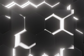 Poster - luminous hexagons, abstract background made of geometric shapes, black and white structure made of honeycombs, 3d rendering with bokeh copy space for text