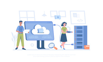 Wall Mural - Hosting provider. Website hosting service, internet provider hardware and software technology. Cartoon modern flat vector illustration for banner, website design, landing page.