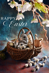 Sticker - Easter card with wicker basket and sitting bunny figurine with greetings