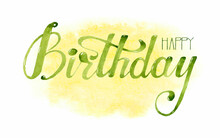 Happy Birthday Watercolor Green Lettering On Yellow Background