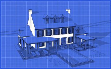 Wall Mural - 3d rendering of modern cozy classic house in colonial style with garage and pool for sale or rent with beautiful landscaping on background. Black line sketch with white spot and blueprint background