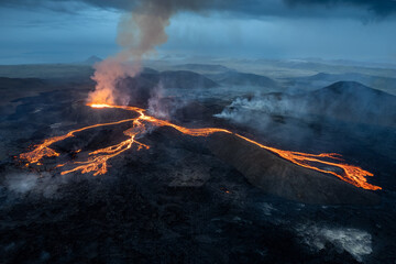 Wall Mural - Scenic view of lava in the Fagradalsfjall volcano in Iceland on cloudy sky background