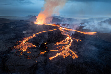 Poster - Scenic view of lava in the Fagradalsfjall volcano in Iceland on cloudy sky background