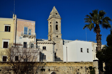 Sticker - View of a cathedral tower and apartment buildings under the blue sky and a palm tree in front