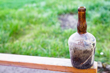 Vintage Bottle, Glass Bottle For Wine Empty Dirty Kitchenware Copy Space Food Background Rustic Top View