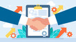 © Yurii - Concluding an agreement. Handshake as a sign of support, cooperation, consent. Diplomacy as a solution to the conflict. Signing the contract. Businessmen shake hands. Vector flat business illustration