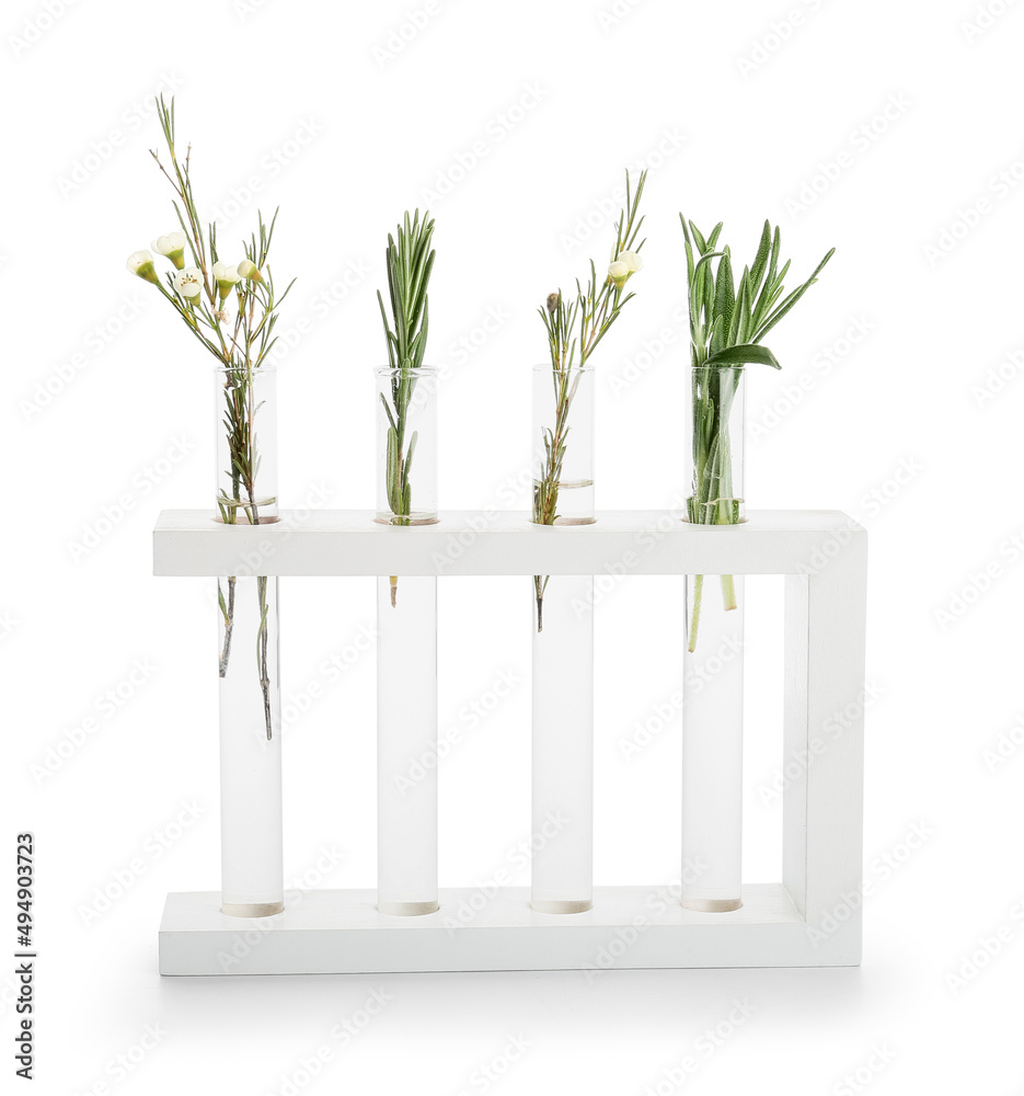 Test tubes with natural essential oils on white background