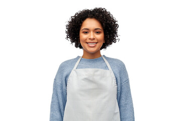 Wall Mural - cooking, culinary and people concept - happy smiling woman in apron over white background