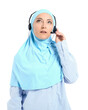 © Pixel-Shot - Muslim secretary with headset on white background
