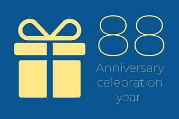 88 logo. 88 years anniversary celebration text. 88 logo on blue background. Illustration with yellow gift icon. Anniversary banner design. Minimalistic greeting card.  eighty-eight  postcard