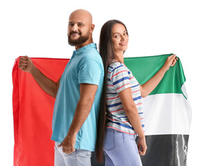 Wall Mural - Couple with the national flag of UAE on white background