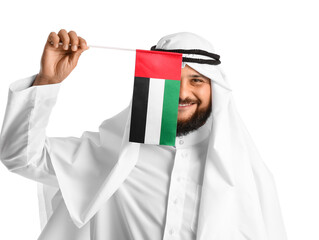 Wall Mural - Man in traditional clothes and with the national flag of UAE on white background