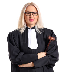 Poster - Mature female judge in robe with gavel on white background