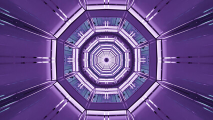 3D illustration of an octagon shaped purple kaleidoscopic pattern outlined in led lights