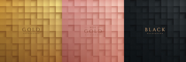 Wall Mural - Set of 3D abstract golden, pink gold and black square pattern background design. Collection of luxury geometric background. Design for cover template, poster, banner web, print ad. Vector illustration
