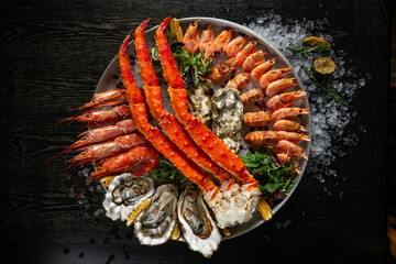 Poster - Mixed Seafood Contain Blue Crabs, Mussels, Big Shrimps, Calamari Squids and Grilled Barracuda Fish Garlic with Lemon on Dish