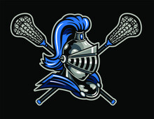 Medieval Knight Mascot With Crossed Lacrosse Sticks For School, College Or League