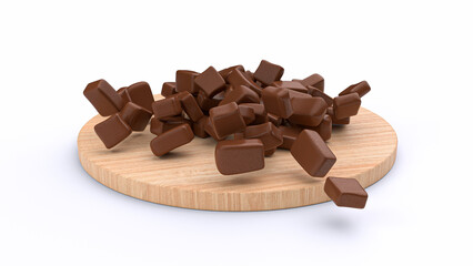 Poster - 3d rendering of small square chocolate pieces falling onto a round wooden cutting board