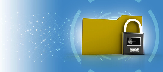 Poster - Yellow folder and lock. Data security concept. 3D rendering
