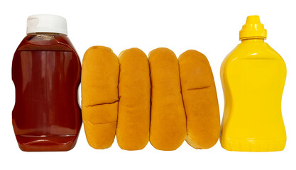 Hot dog buns with ketchup and mustard bottles.