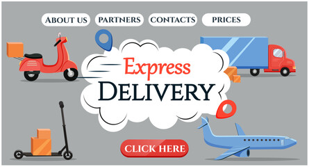 Delivery by different means of transport. Home page of the site. Vector stock illustration. Flat style. Transportation and loading. Goods and cargo. Car, plane, moped, scooter.