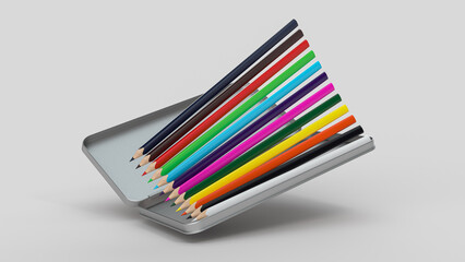 Wall Mural - 3D rendering of a row of pencils in rainbow colors in an open silver box flying in the air