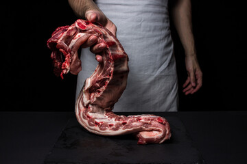 Wall Mural - Raw pork ribs on a black background. The cook is holding fresh pork meat.