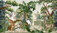 Jungle Landscape With Animals. Interior Vector Print.