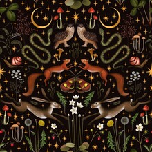 Fairy Forest Seamless Symmetry Pattern. Moon, Stars, Hare, Squirrel, Owl, Flowers And Mushrooms On A Black Background. 