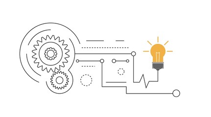 Poster - Gear Mechanism Lighting up Bulb Enlightenment Concept Line Art. Idea generation and electricity production vector