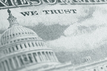 Wall Mural - American paper money background. Fragment of reverse of $50 bill showing the Capitol. US banknote closeup. Black and white backdrop. Public national debt and the USA dollar. Bonds and treasurys. Macro