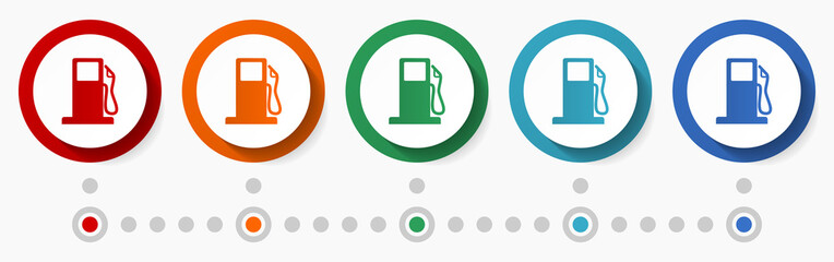 Aufkleber - Fuel, oil, station concept vector icon set, flat design colorful buttons, infographic template in 5 color options