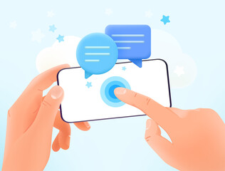 Aufkleber - Chatting via modern smartphone. Hands holding smartphone and tapping on the screen. 3d vector