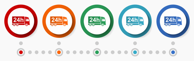 Fototapete - 24h delivery concept vector icon set, flat design colorful buttons, infographic template in 5 color options