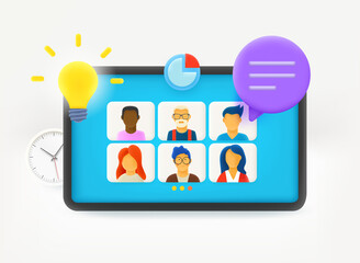 Aufkleber - Using modern tablet computer for online video conference. Teamwork concept. 3d vector illustration