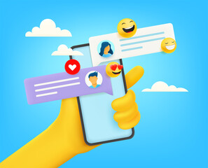Aufkleber - Hand holding modern smartphone with messenger application. Comic 3d style vector illustration