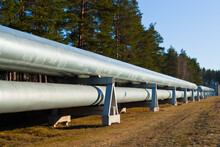 Pipeline, In The Photo Pipeline Close-up Against A Background Of Green Forest And Blue Sky.