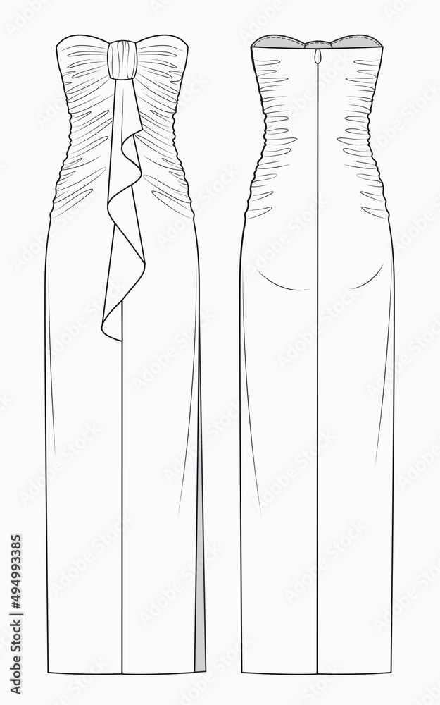 Vetor do Stock Long dress with bustier fashion flat template. Women  sleeveless Dress fashion flat technical drawing template. Evening dress  fashion design. | Adobe Stock
