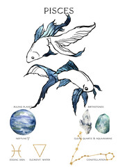 watercolor zodiac poster of composition pisces sign. hand painted abstract card isolated on white ba