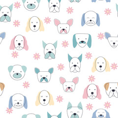 Seamless childish pattern with dog animal faces. Creative nursery background