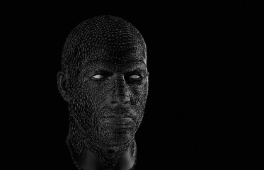Poster - Black and white fragment abstract human head and face, 3d rendering of a cyborg head construction, artificial intelligence concept.