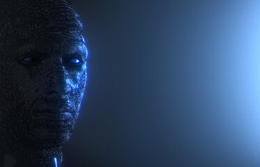 Poster - Blue fragment of a cyborg head construction, abstract human head and face. 3d render. Artificial intelligence concept.