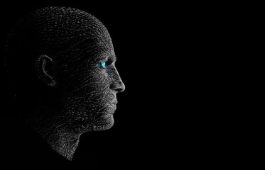 Poster - Black and white blue eye side view abstract human face, 3d rendering of a cyborg head construction, artificial intelligence concept.